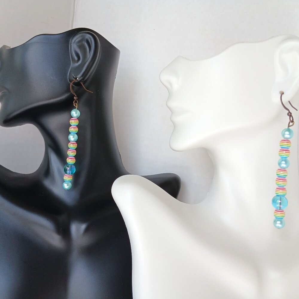 Handmade Rainbow Striped Earrings With Seafoam Blue Faux Pearls on Copper Hooks